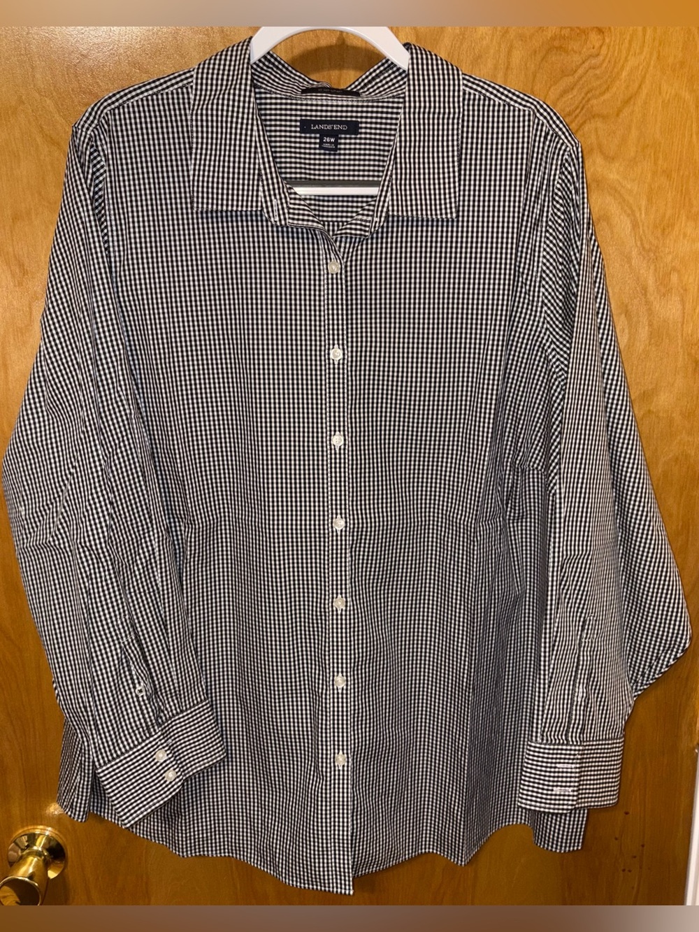 Lands’ End black/white plaid gingham No Iron Supima button down shirt Size 26W
